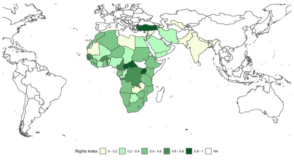 Map of the world with African and Central Asian countries shaded according to the rights index.