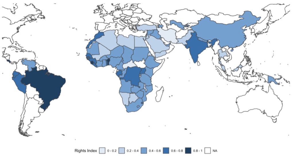 The sample includes 70 countries for the year 2016. Data are taken from Fujibayashi (2024). Displayed data are the weighted averages of seven policy indicators (mobility, work, self-employment, property, education, health, and social assistance), with scores ranging from 0 (most restrictive) to 1 (most liberal/inclusive